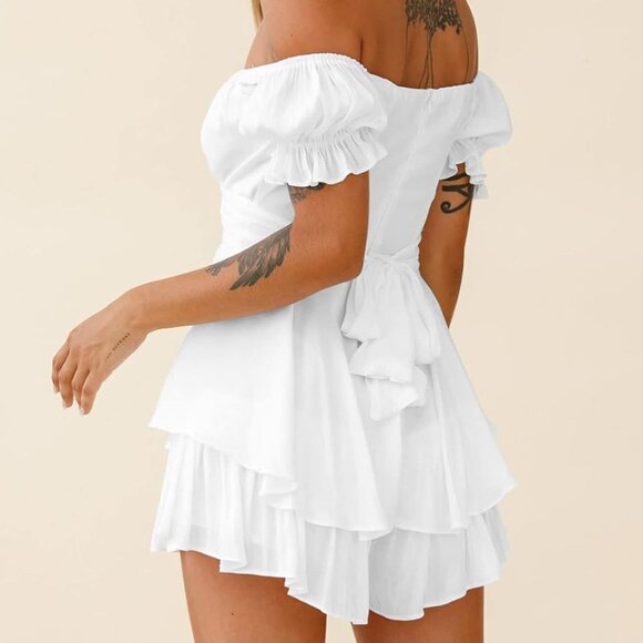 Womens Summer Off-Shoulder Ruffled Mini Dress Polyester Casual Beach - Picture 2 of 6